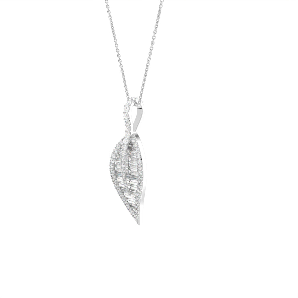 18K White Gold Leaf Baguette Diamond Pendant — 3D VIEW