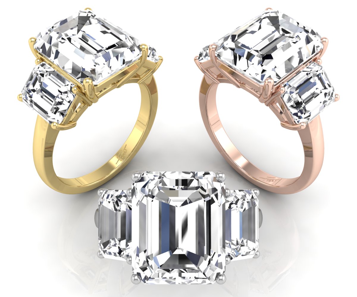 18K Trilogy Emerald-Cut Diamond Ring — 3 COLOR