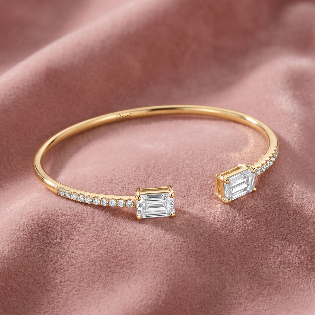 18K Emerald Cut Diamond Bangle — AI cloth, in-house