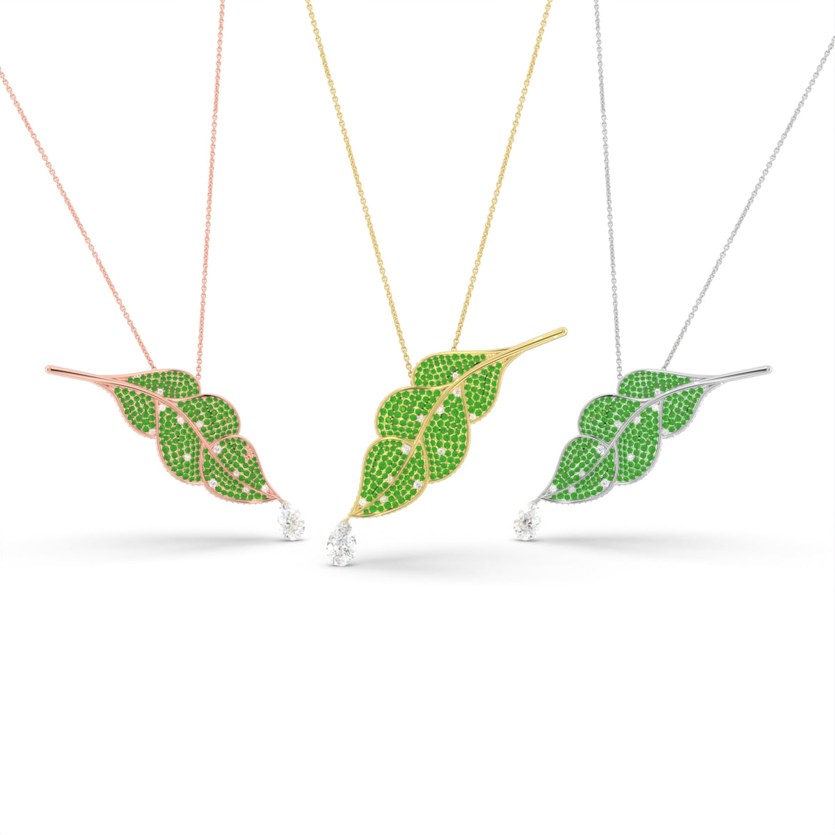 18K Yellow Gold Leaf Pear Diamond Pendant — 3 COLOR