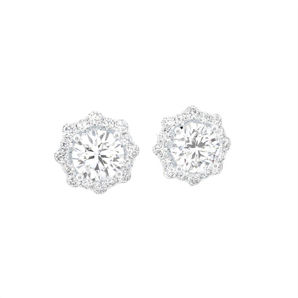 18K Floral Halo Solitaire Diamond Stud Earrings — 3D VIEW