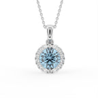 18K White Gold Halo Round Blue Diamond Pendant — FRONT