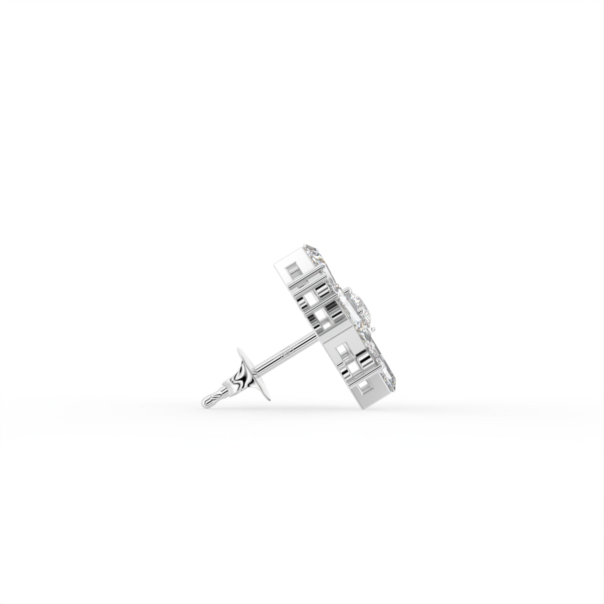 14K White Gold Floral Baguette Diamond Earrings — SIDE VIEW