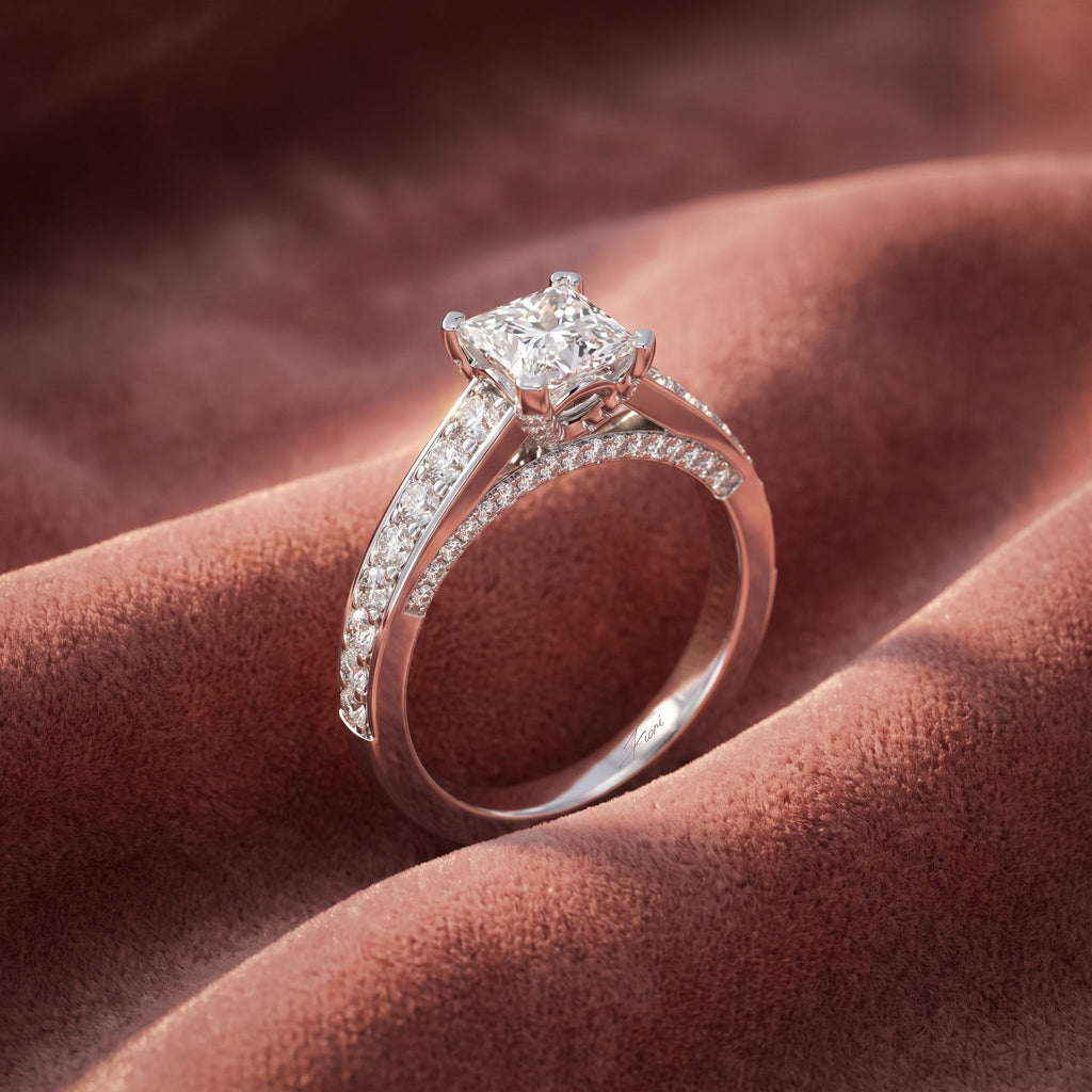 18K Princess Cut Diamond Shoulder Set Ring — AI cloth, in-house