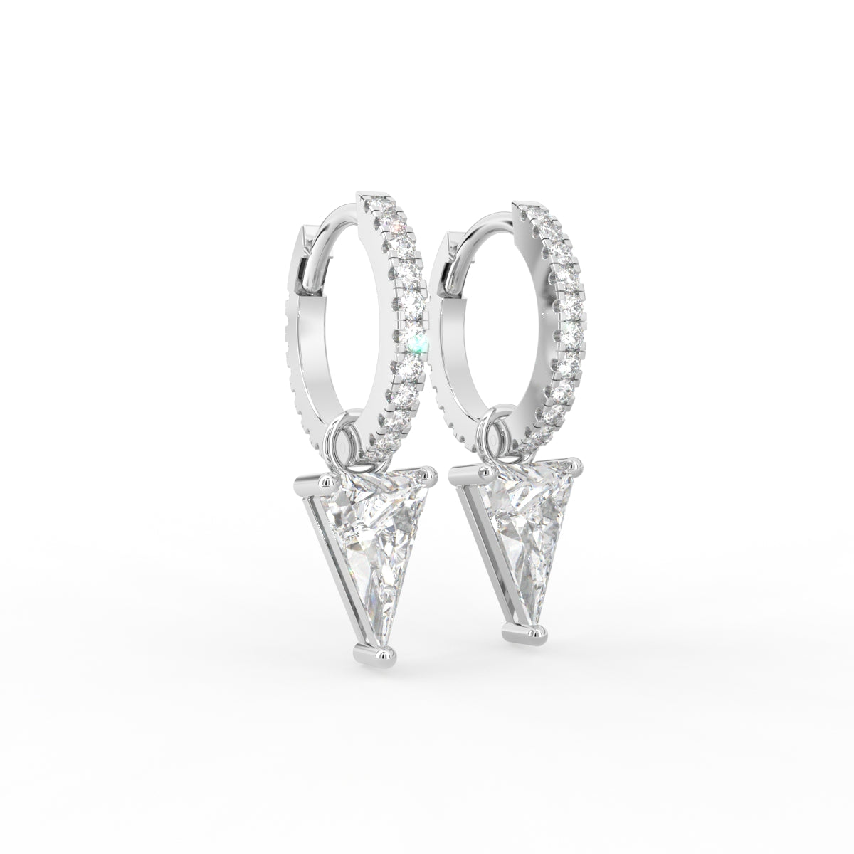 18K White Gold Triangle Diamond Drop Earrings — 3D VIEW