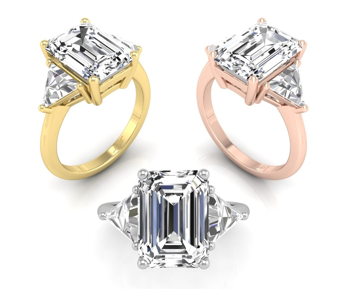 18K Trilogy Emerald Cut Diamond Ring — 3 COLOR
