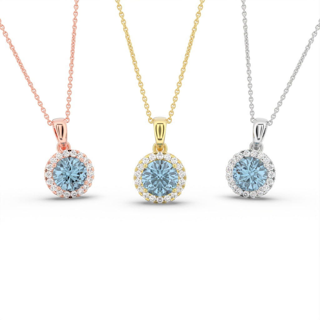 18K White Gold Halo Round Blue Diamond Pendant — 3 COLOR