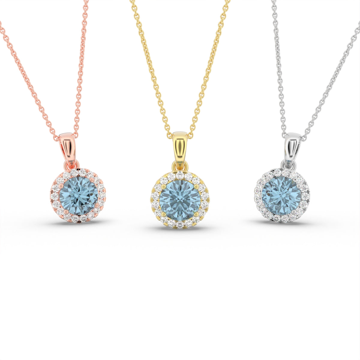 18K White Gold Halo Round Blue Diamond Pendant — 3 COLOR