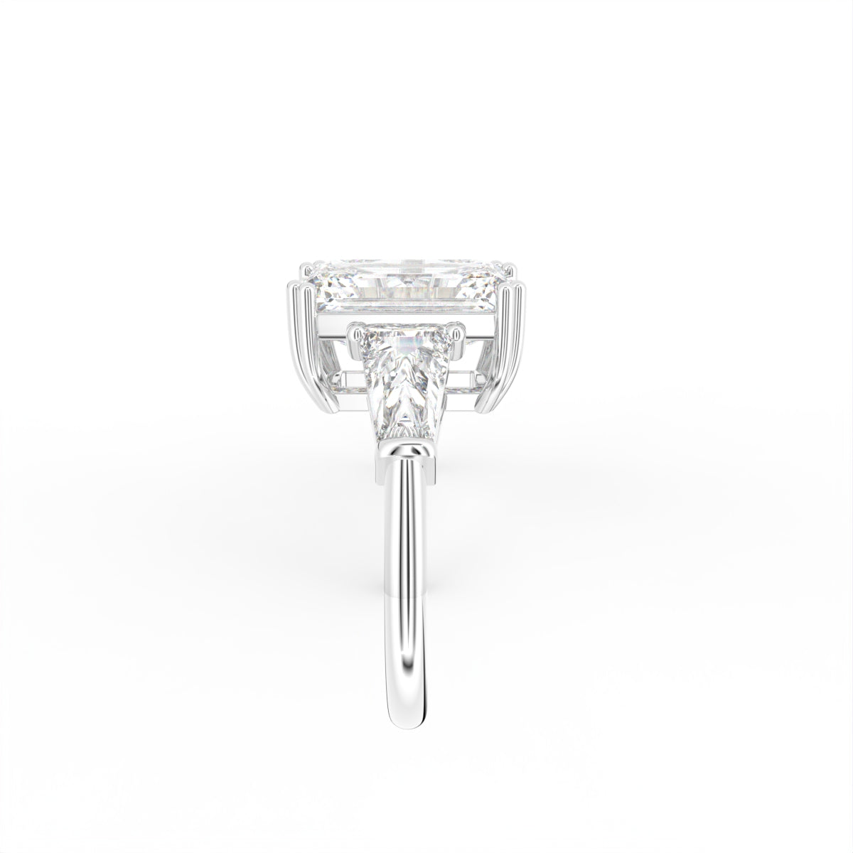 18K White Gold Trilogy Emerald Diamond Ring — SIDE