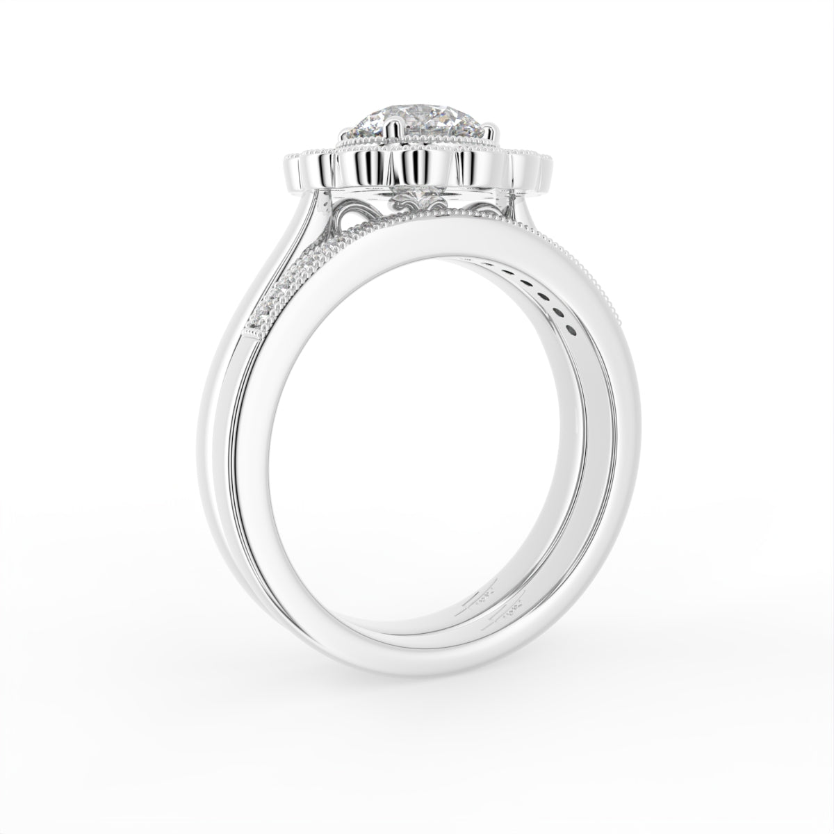 18K White Gold Halo Round Diamond Engagement Ring — 3D VIEW