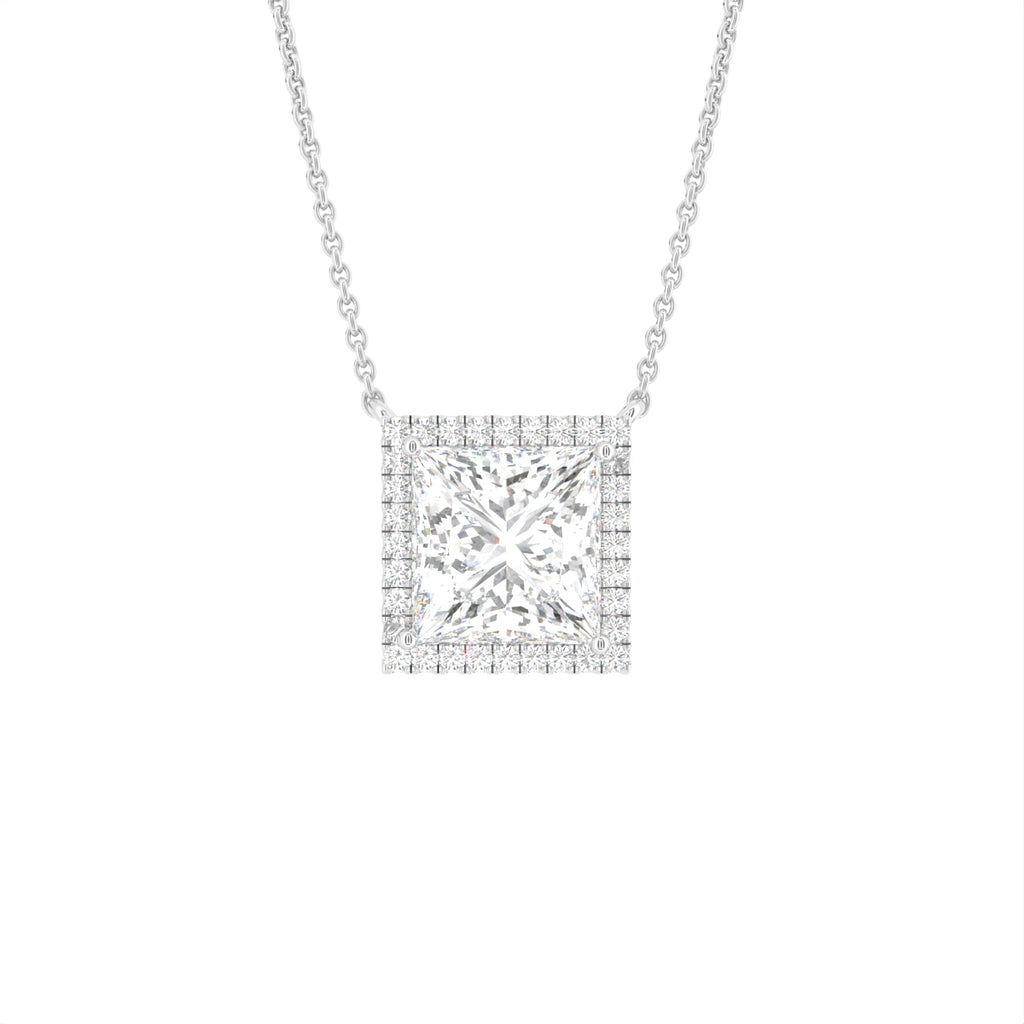 18K Solitaire Halo Princess Diamond Pendant — FRONT