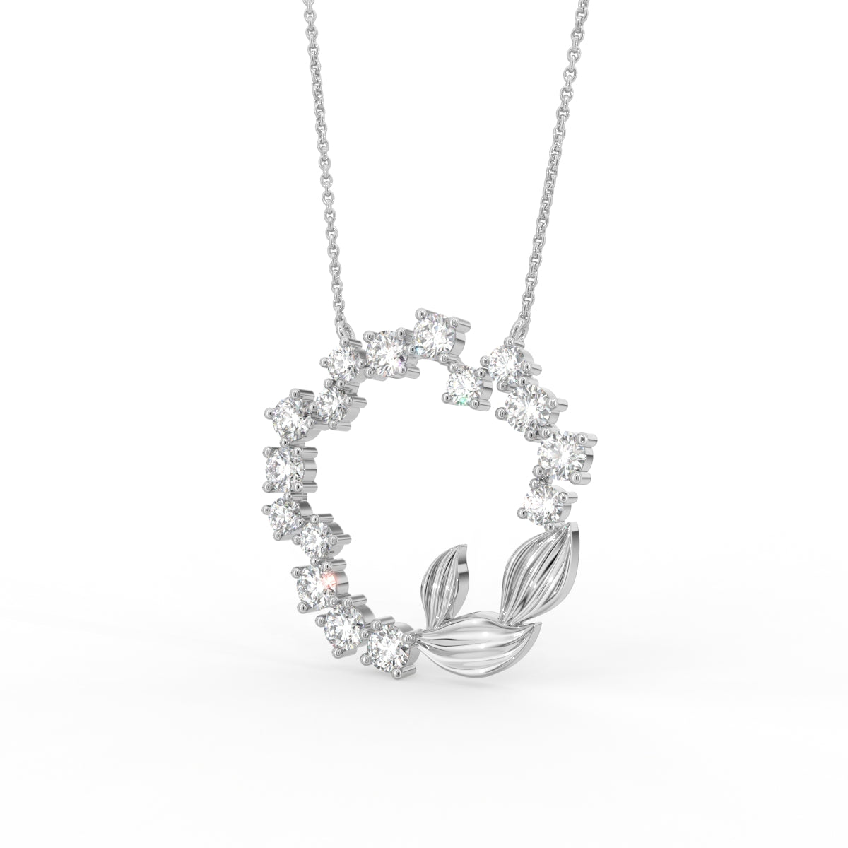 18K Wreath Leaf Round Diamond Pendant — 3D VIEW