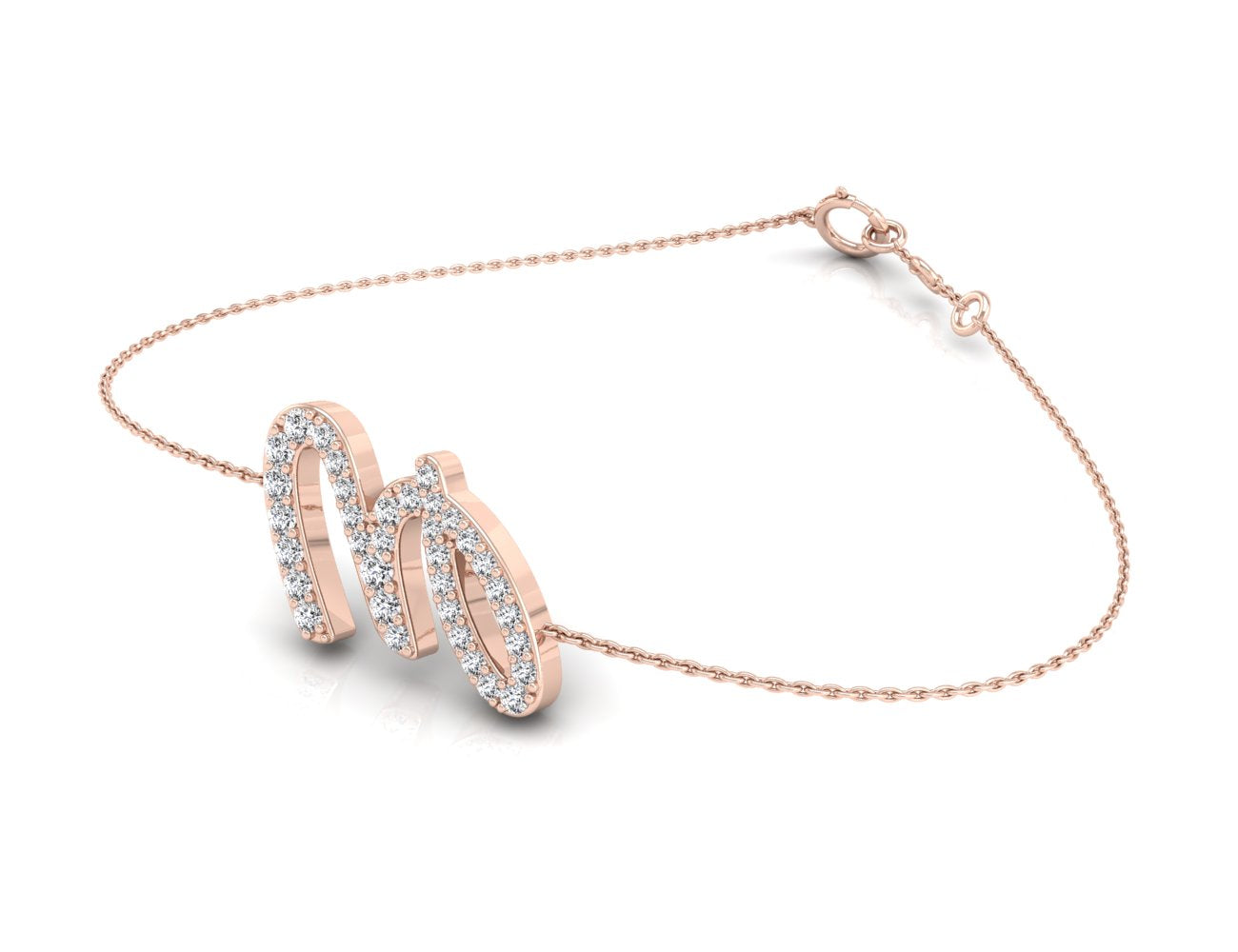 18K Rose Gold Alphabet Round Diamond Bracelet — 3D VIEW