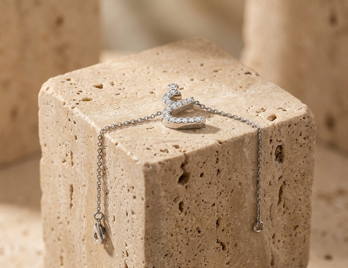 18K White Gold Arabic Alphabet Round Diamond Bracelet