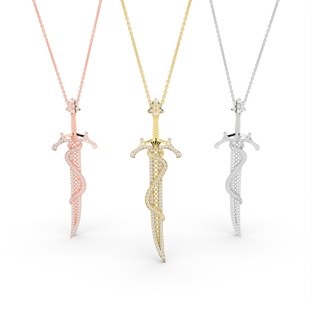 18K Yellow Gold Sword Snake Round Diamond Pendant — 3 COLOR