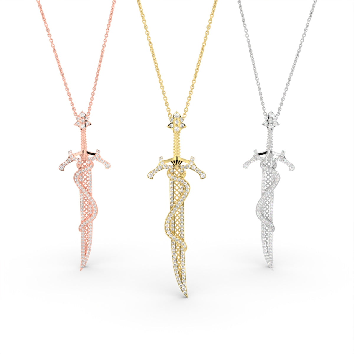 18K Yellow Gold Sword Snake Round Diamond Pendant — 3 COLOR