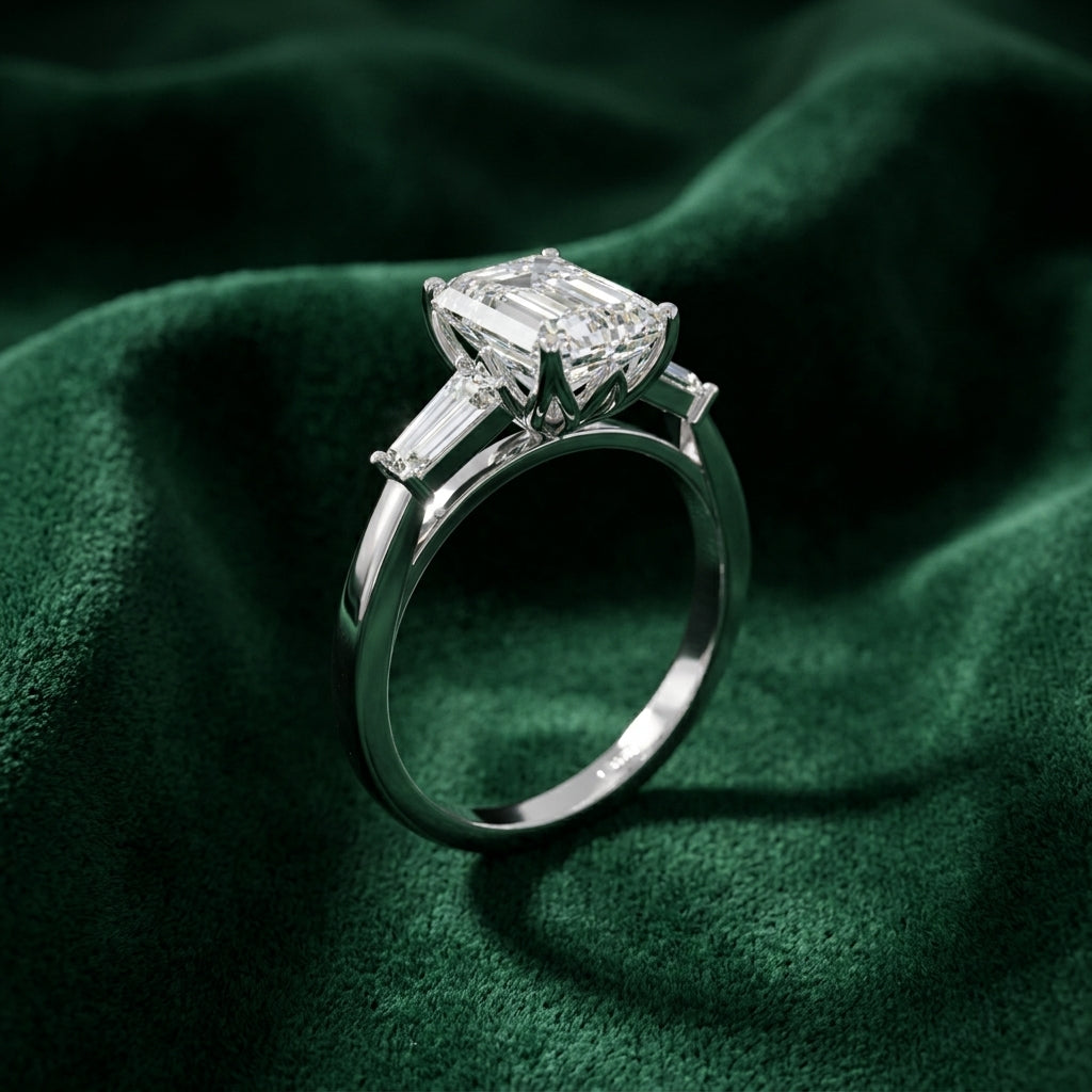 18K Yellow Gold Trilogy Emerald Diamond Ring