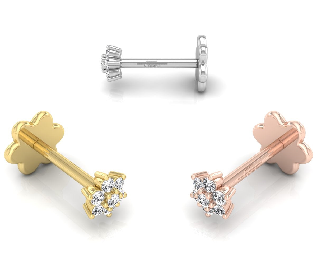 18K Flower Diamond Piercing Earrings — 3 COLOR