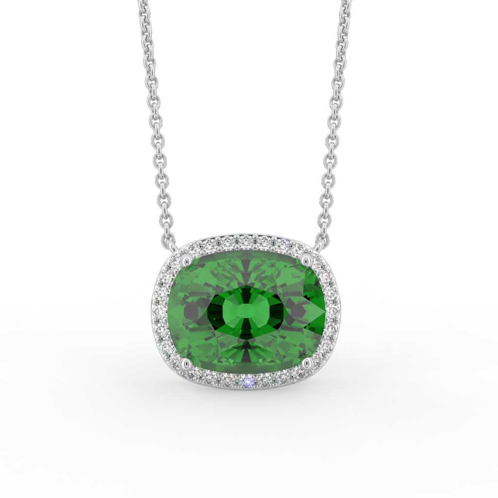 18K Yellow Gold Halo Cushion Emerald Diamond Pendant — FRONT