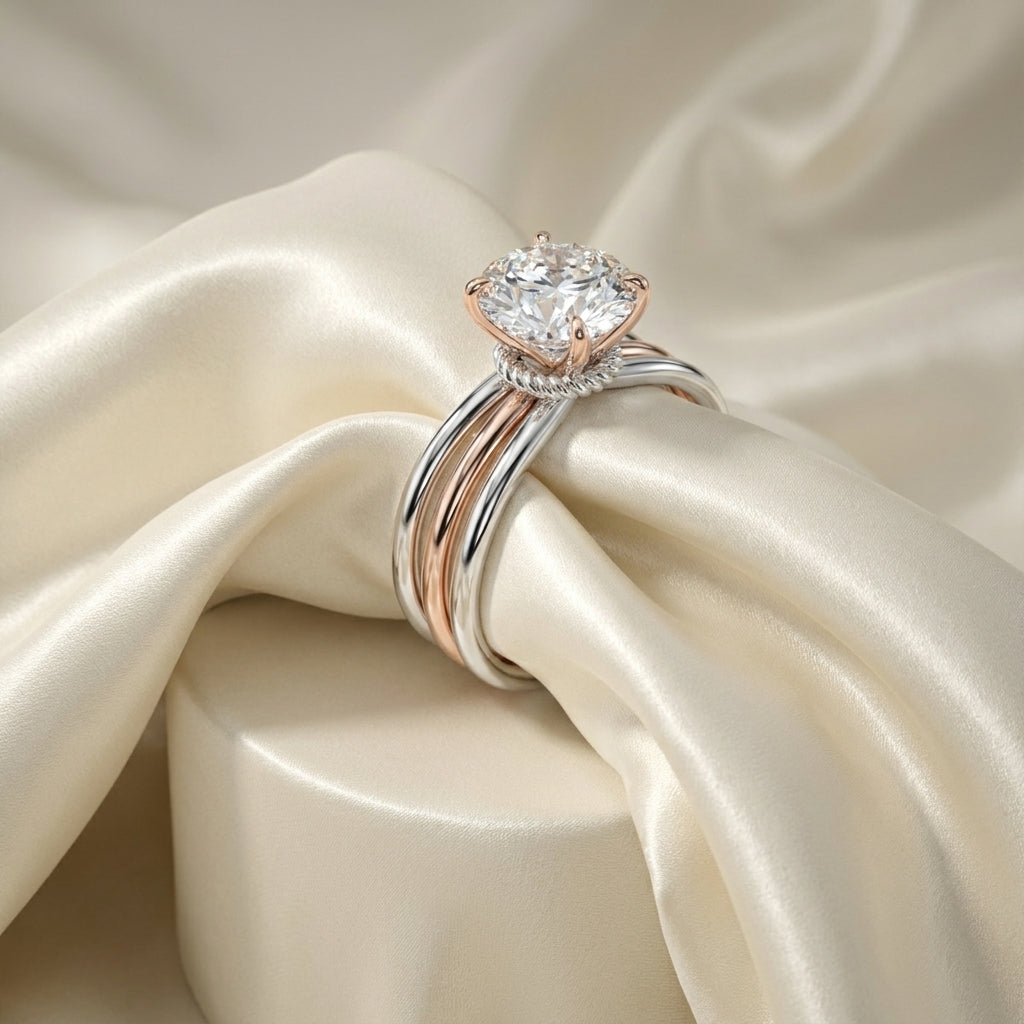 18K Two Tone Solitaire Round Diamond Engagement Ring