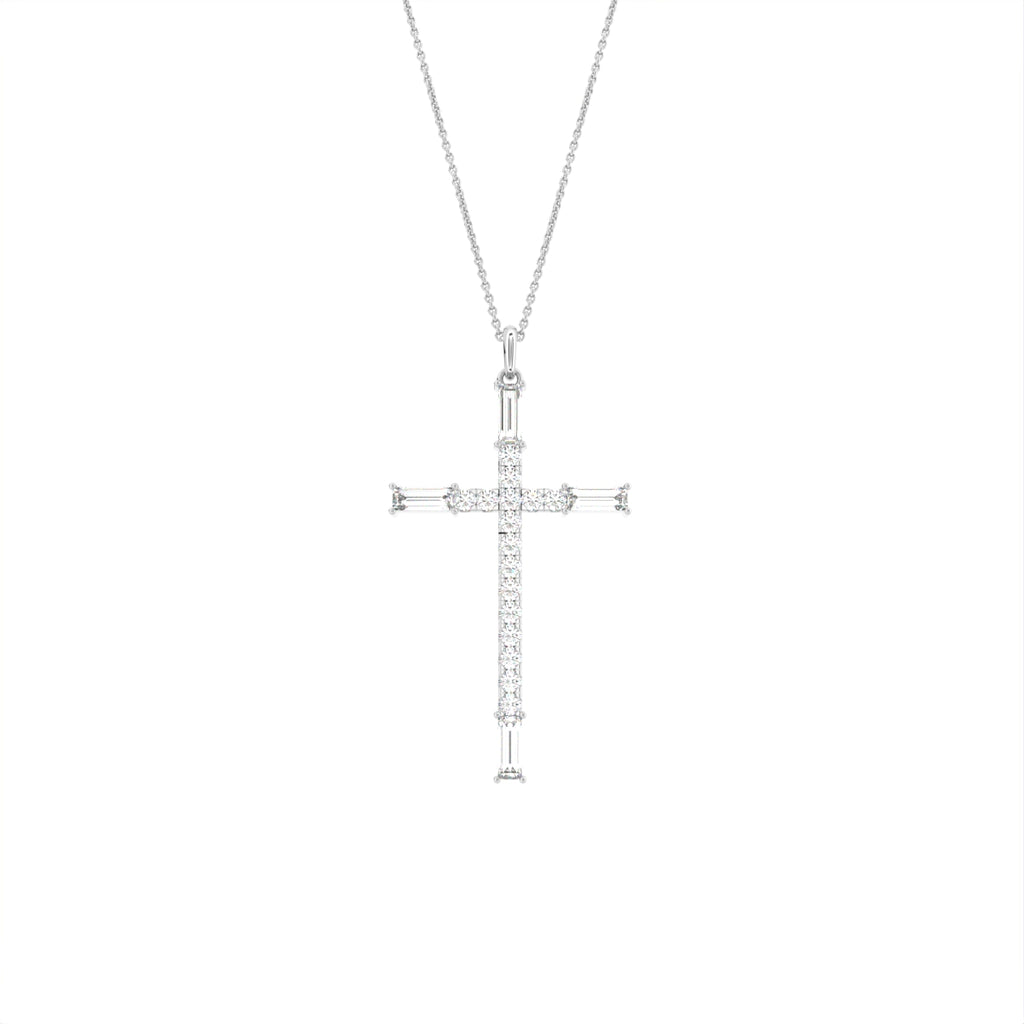 vimg:FJ3351|vimg:FJ3347|14K White Gold Cross Baguette Diamond Pendant — FRONT