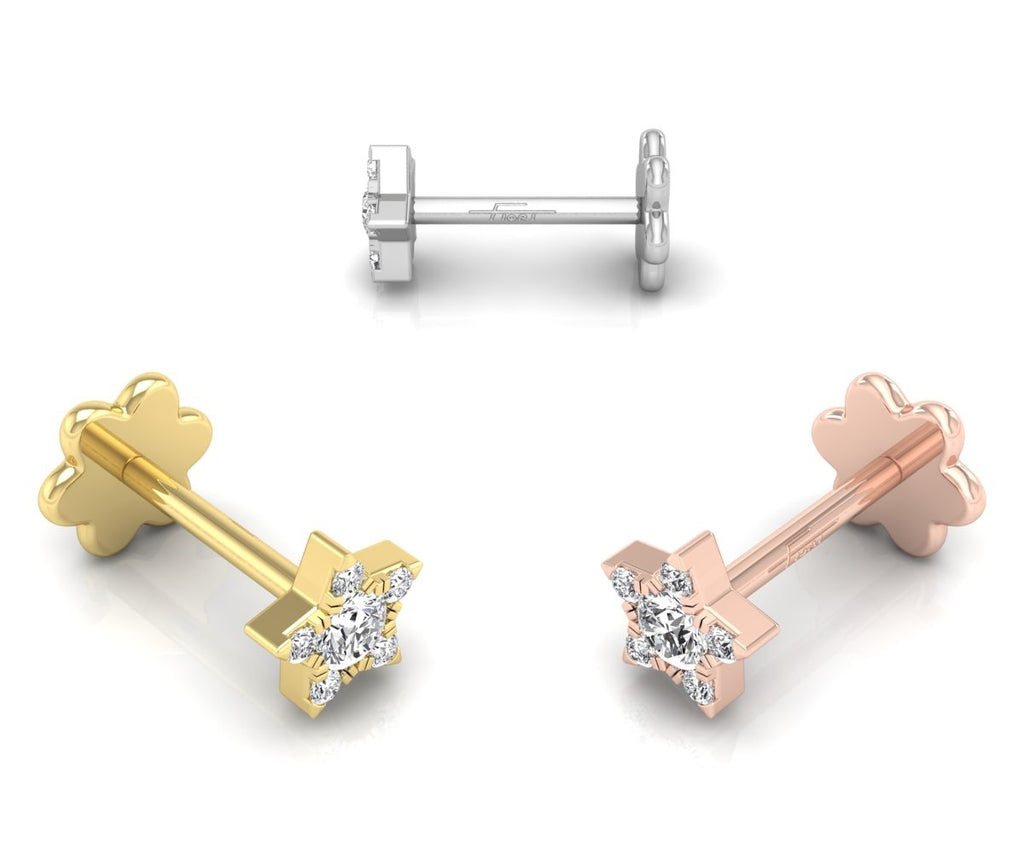 14K Star Round Diamond Piercing Earrings — 3 COLOR