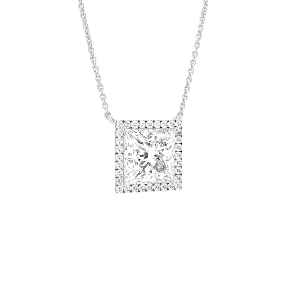 18K Solitaire Halo Princess Diamond Pendant — 3D VIEW