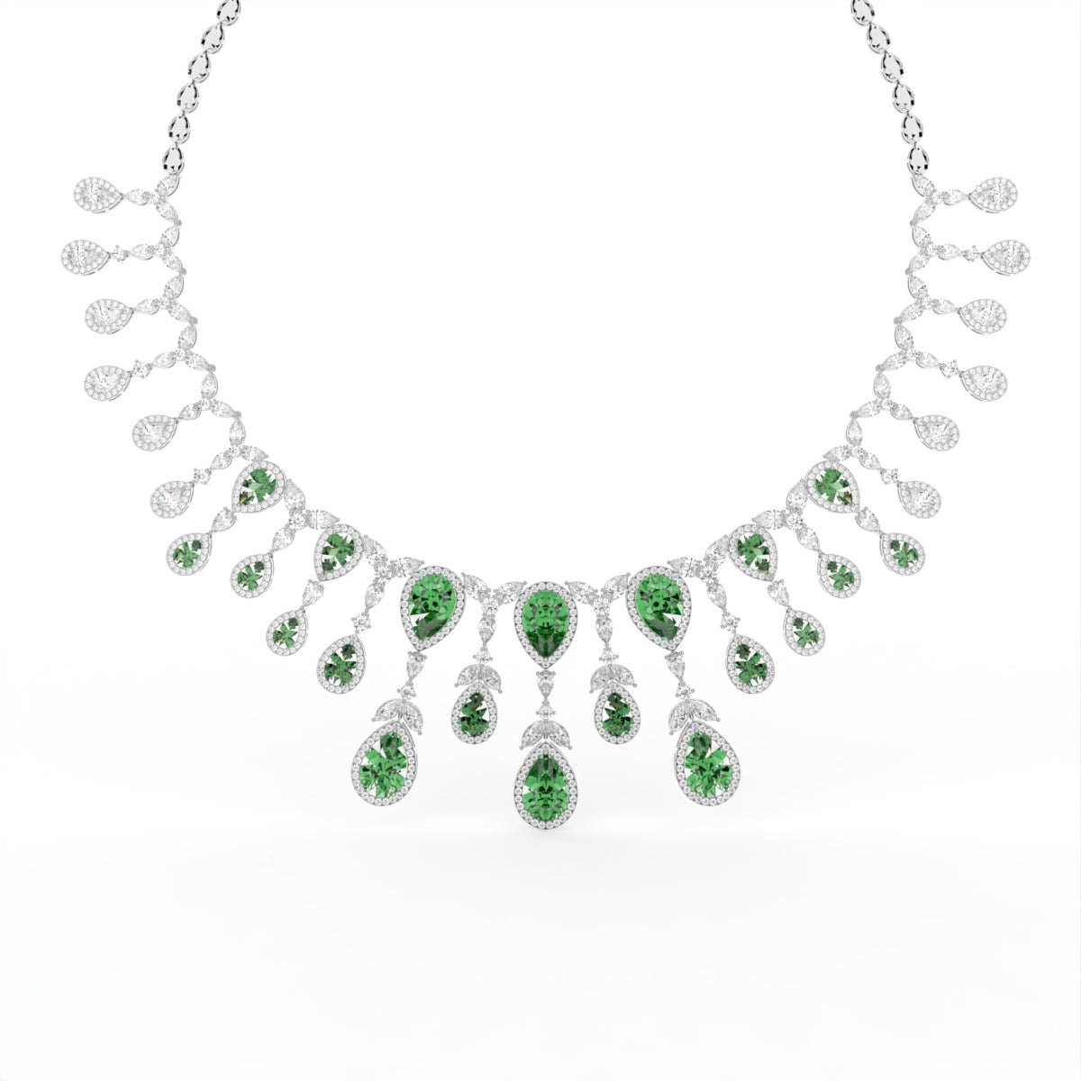 18K Green Pear and Diamond Fringe Necklace — 3D VIEW