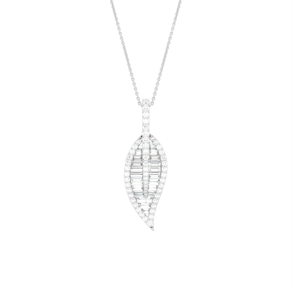 18K White Gold Leaf Baguette Diamond Pendant — FRONT