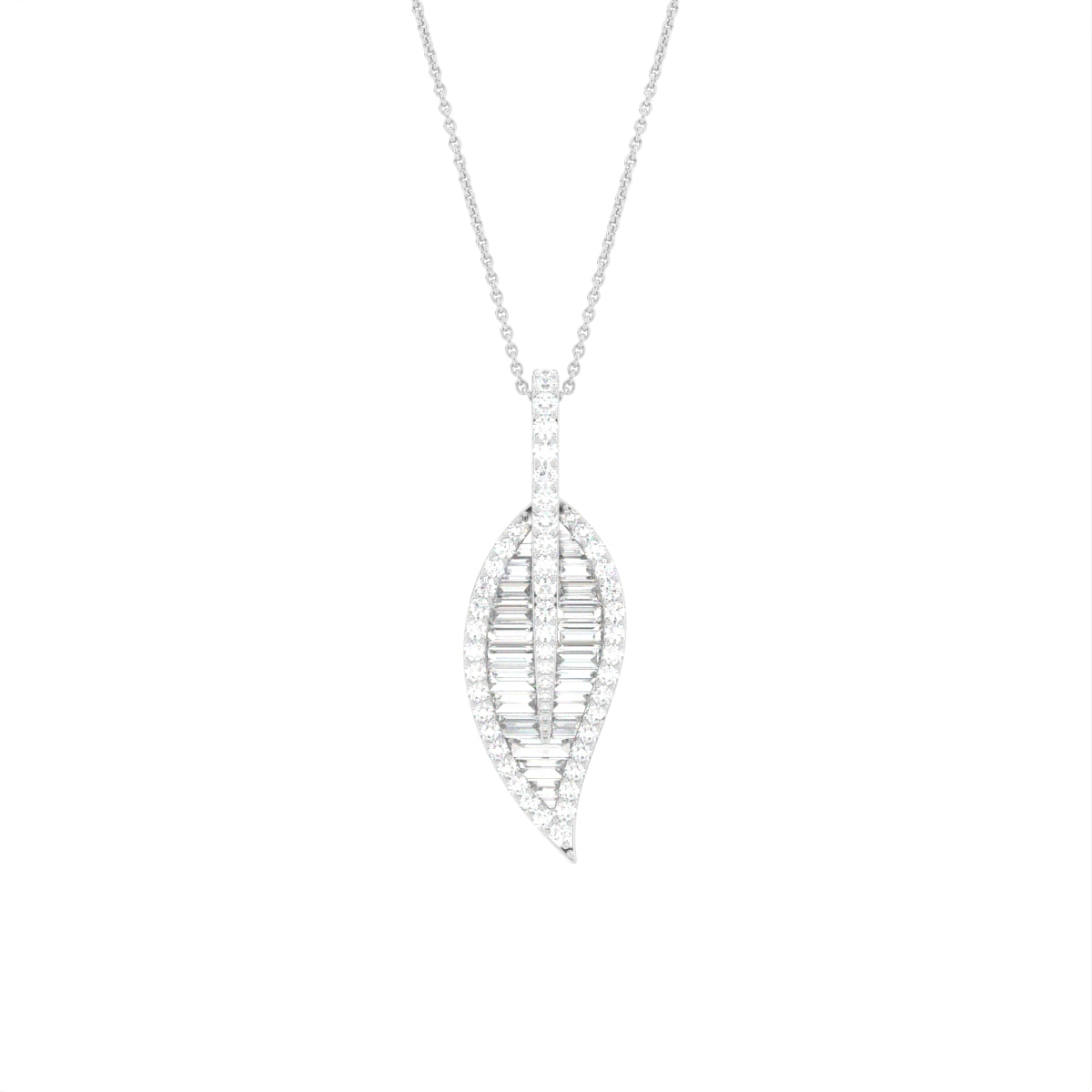 18K White Gold Leaf Baguette Diamond Pendant — FRONT