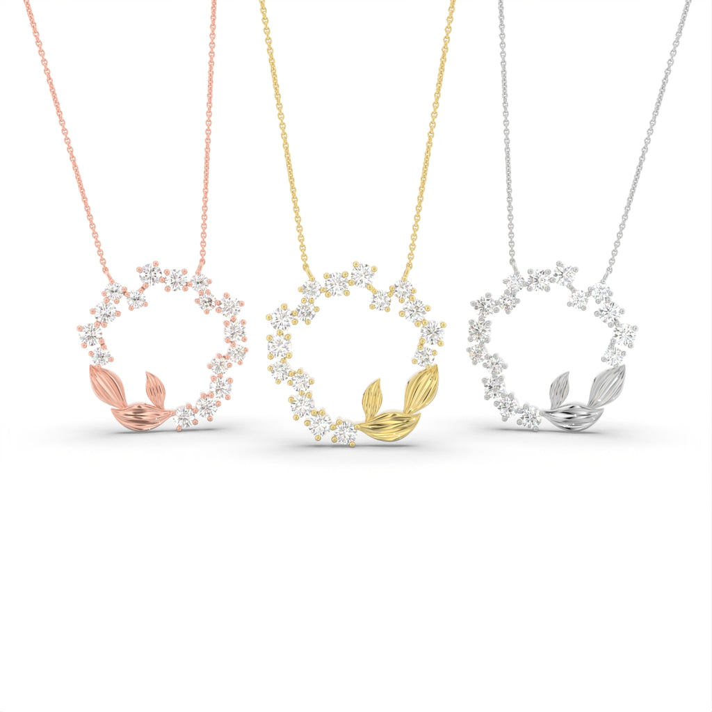 18K Wreath Leaf Round Diamond Pendant — 3 COLOR