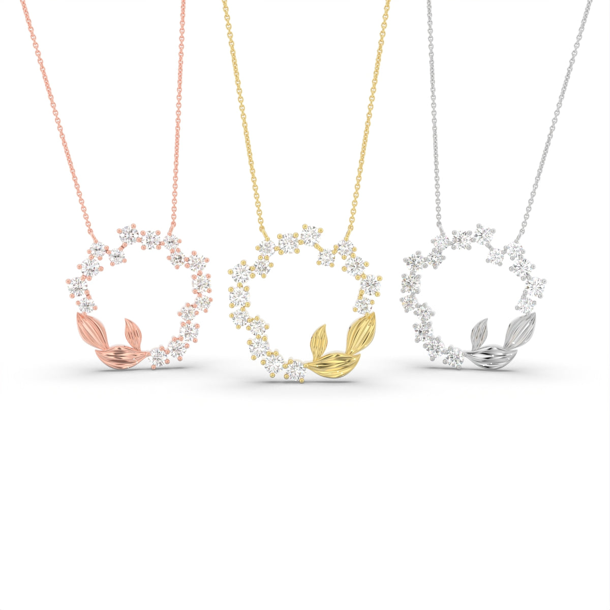 18K Wreath Leaf Round Diamond Pendant — 3 COLOR