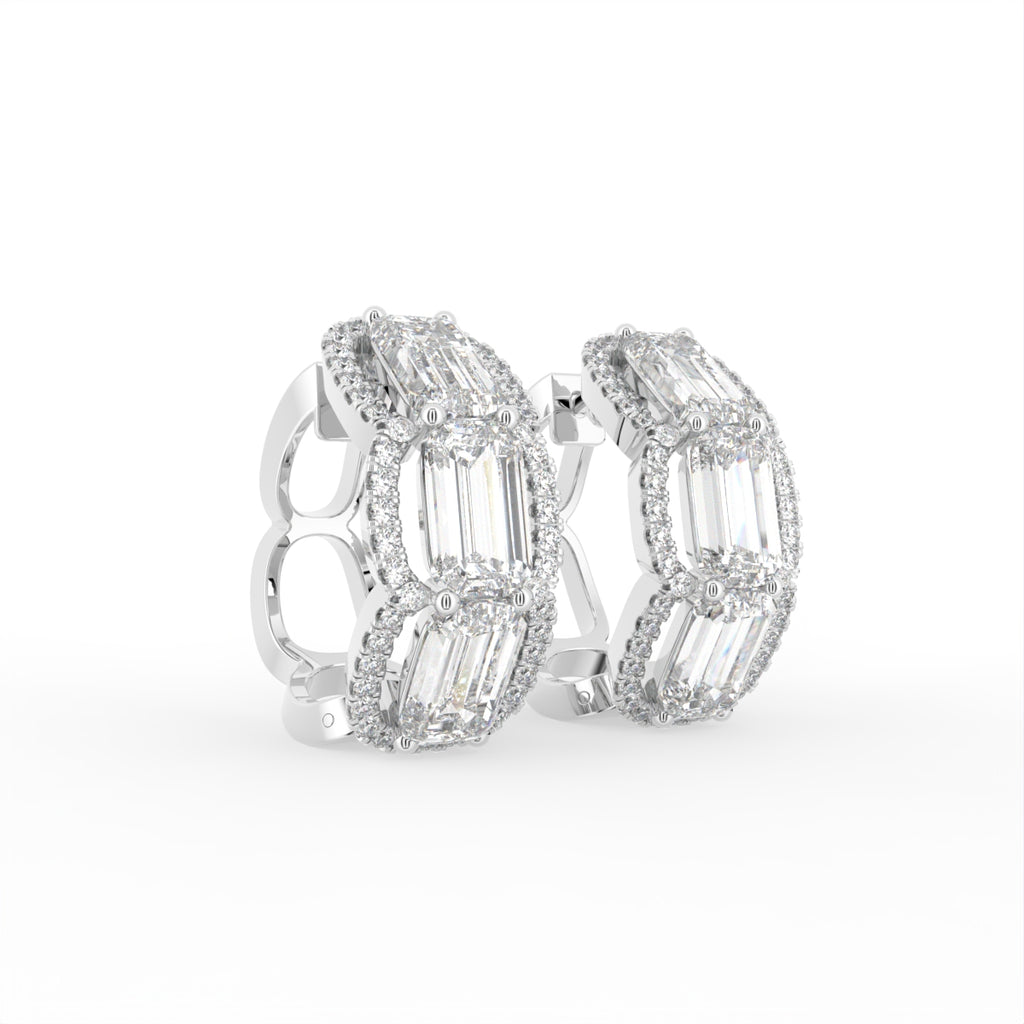 14K White Gold Pave Diamond Hoop Earrings — 3D VIEW