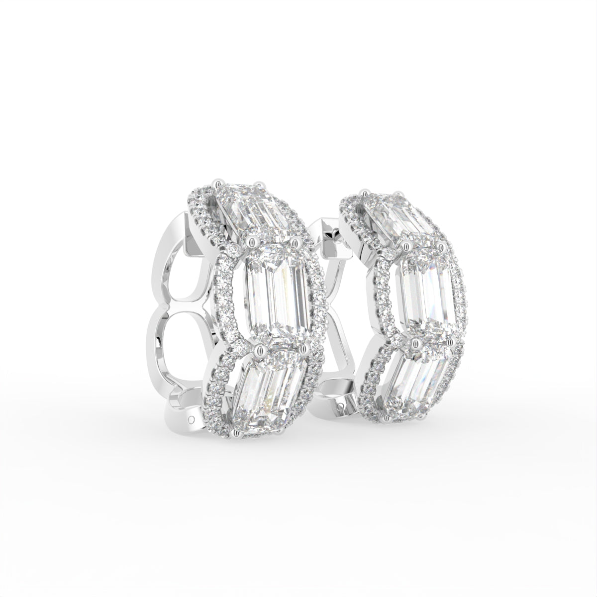 14K White Gold Pave Diamond Hoop Earrings — 3D VIEW