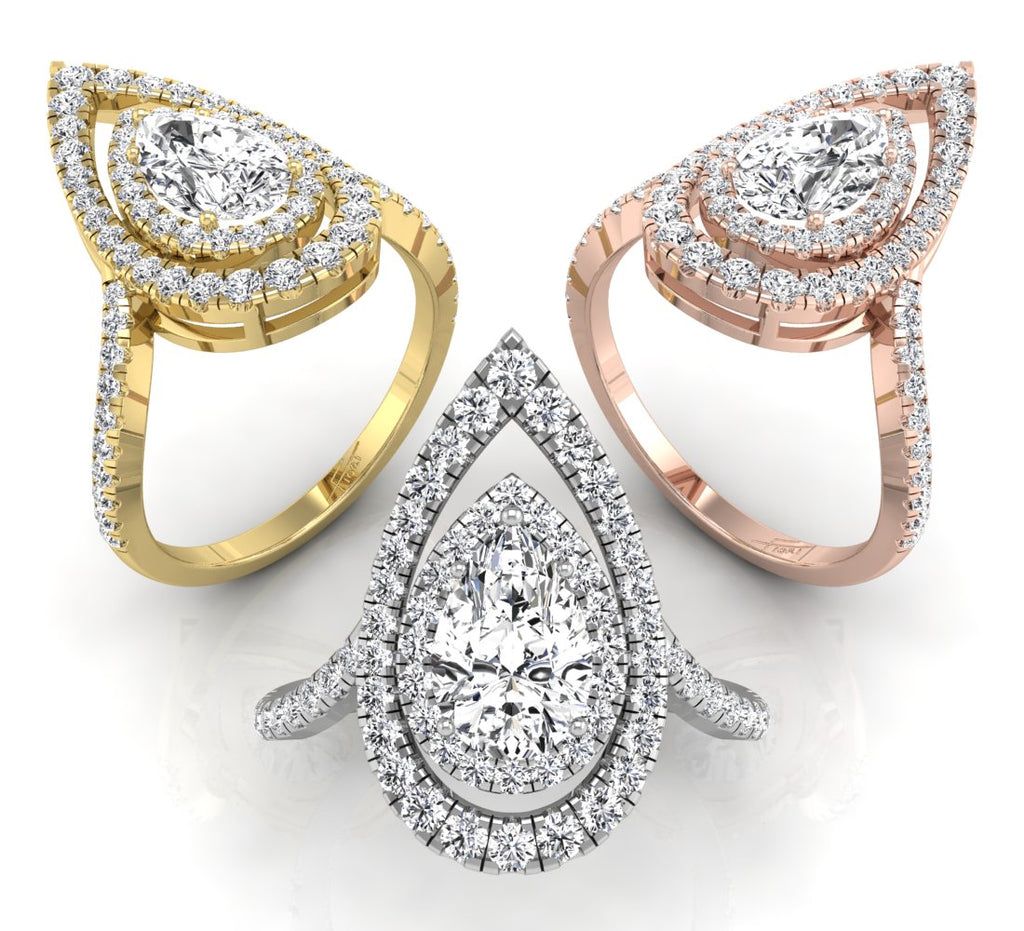 18K White Gold Halo Pear Diamond Ring — 3 COLOR