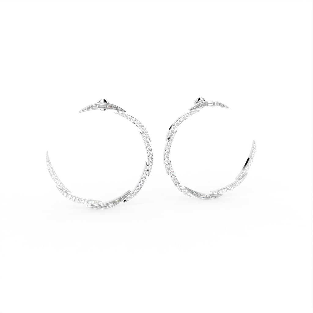18K White Gold Round Diamond Moon Earrings — 3D VIEW