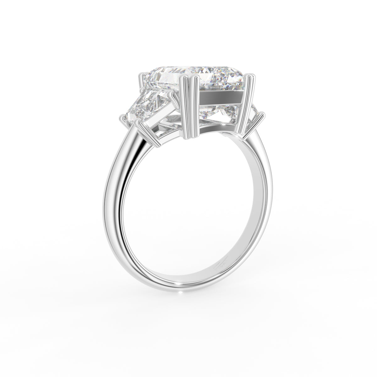 18K White Gold Trilogy Emerald Diamond Ring — 3D VIEW
