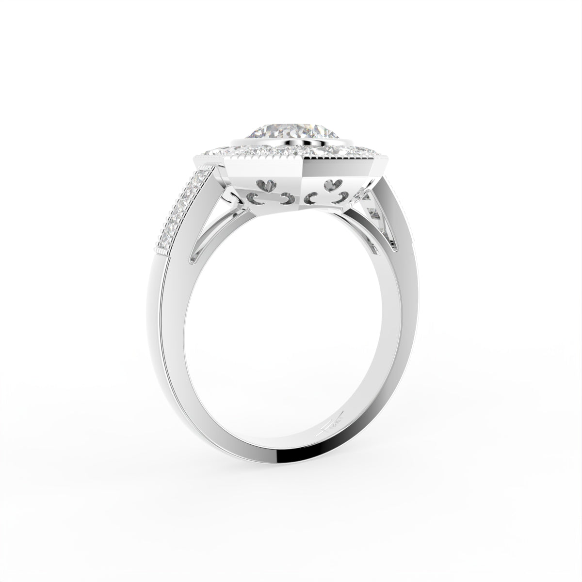 18K Bespoke Round Halo Diamond Ring — 3D VIEW