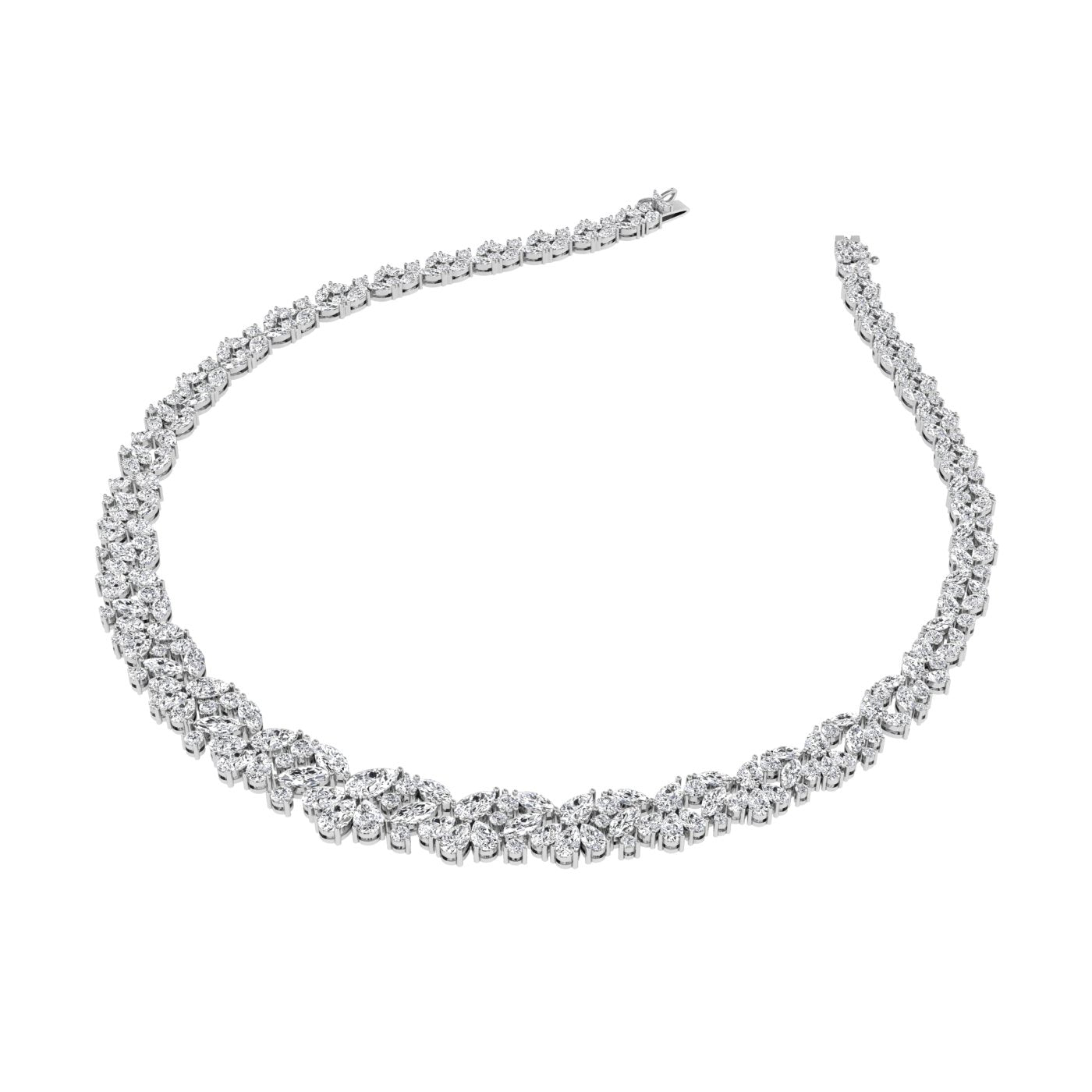 14K White Gold Floral Leaf Diamond Necklace — 3D VIEW
