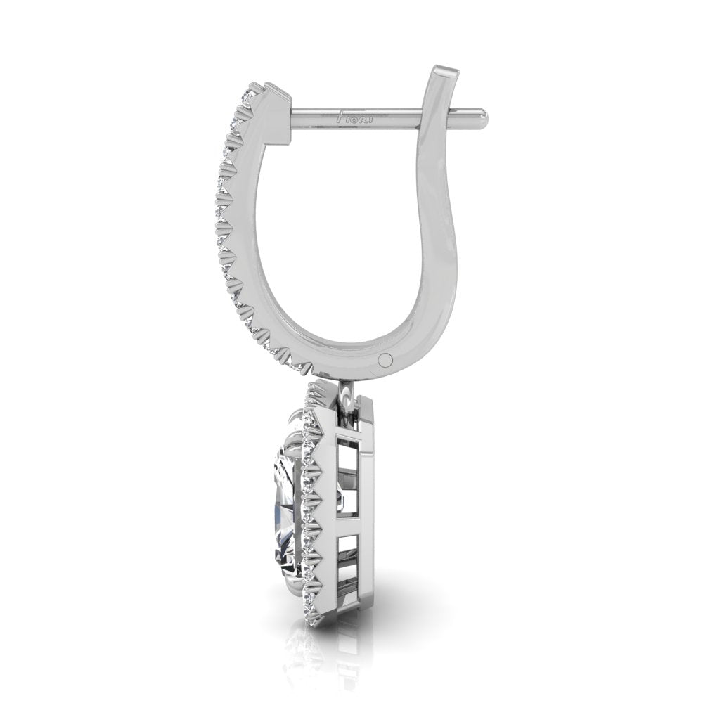 18K Halo Emerald Cut Diamond Drop Earrings — SIDE VIEW