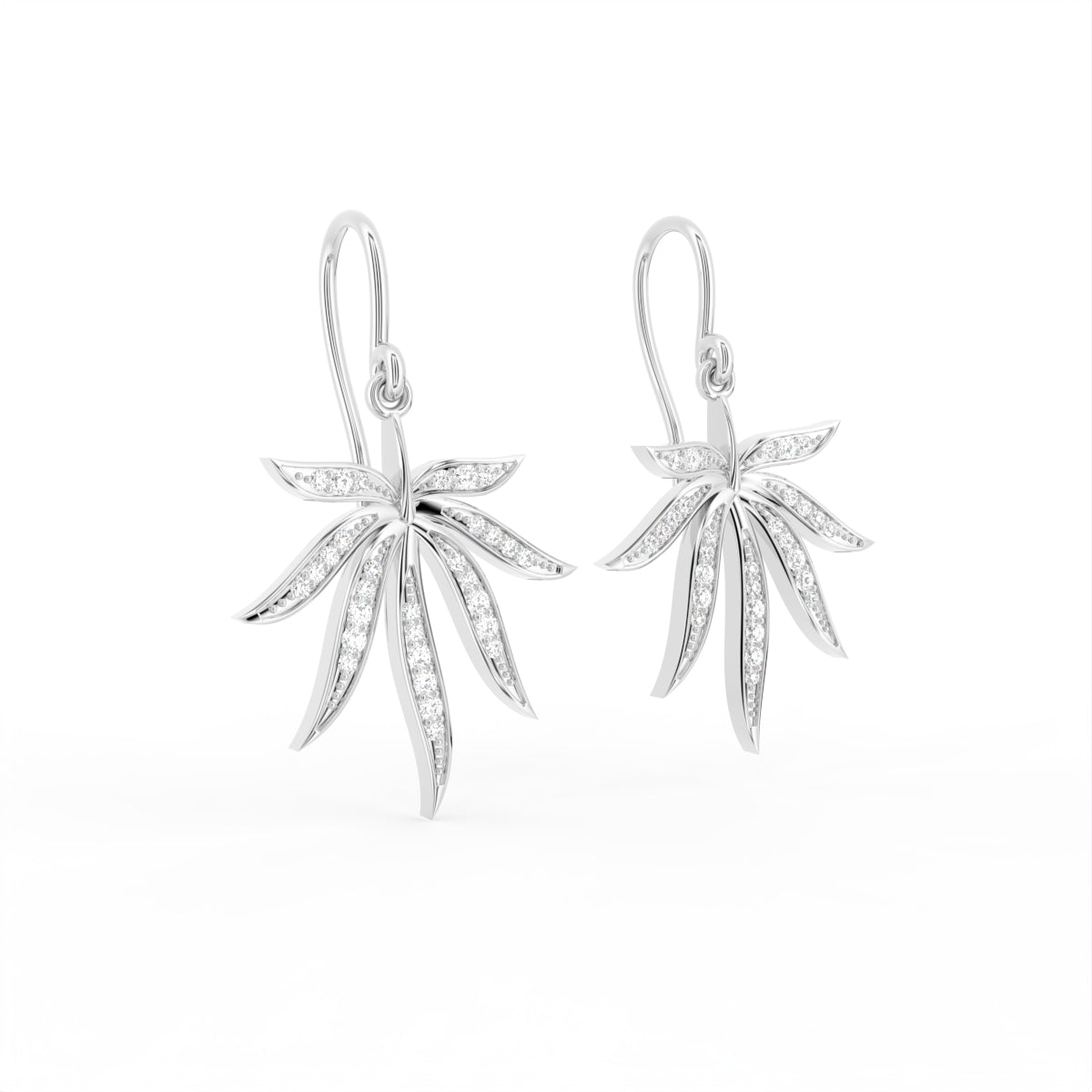 18K Leaf Diamond Drop Earrings — 3D VIEW