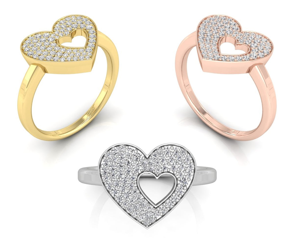 18K Yellow Gold Heart Round Diamond Ring — 3 COLOR