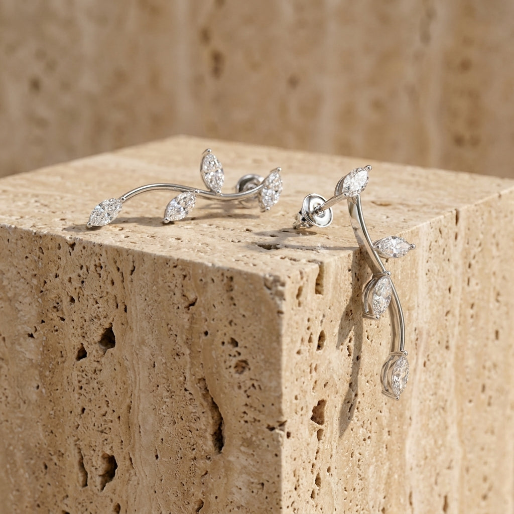 14K White Gold Marquise Leaf Diamond Drop Earrings