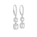 18K White Gold Emerald Cut Halo Diamond Drop Earrings — 3D VIEW