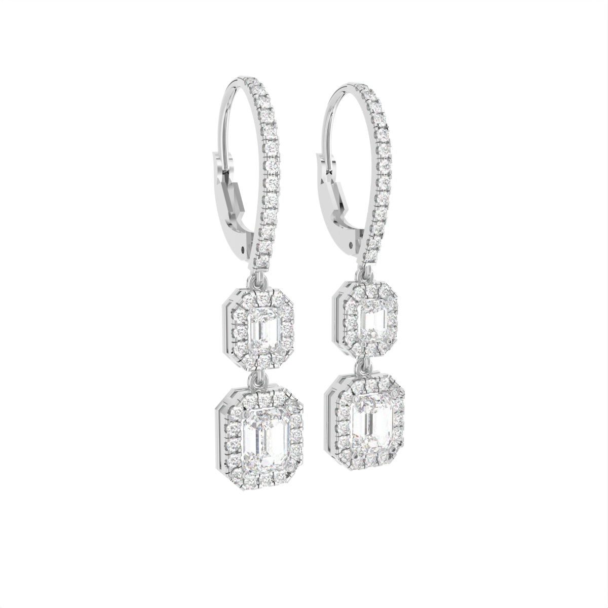18K White Gold Emerald Cut Halo Diamond Drop Earrings — 3D VIEW