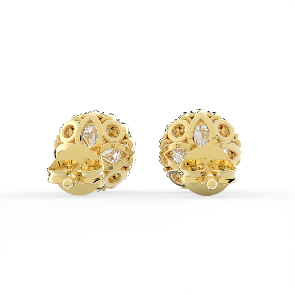 18K Floral Halo Solitaire Diamond Stud Earrings — BACK