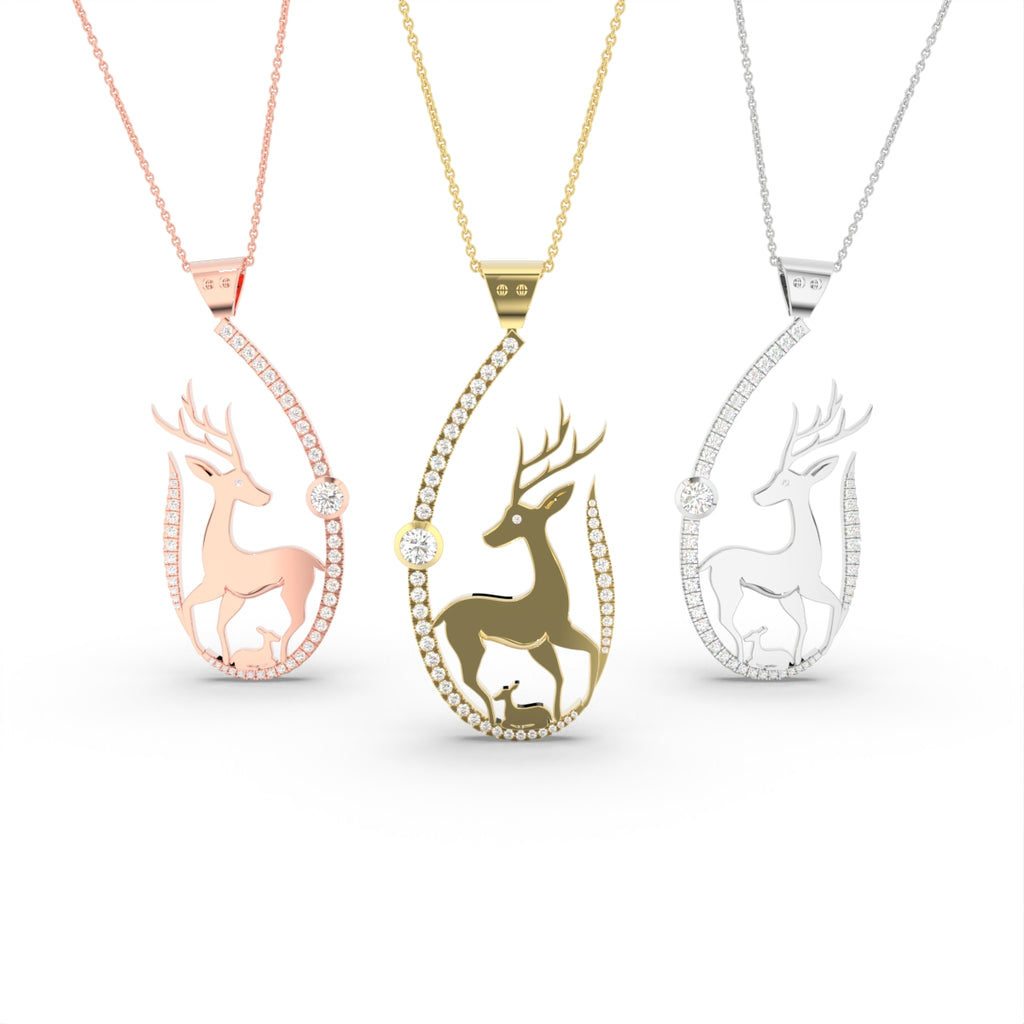 18K White Gold Deer Round Diamond Pendant — 3 COLOR