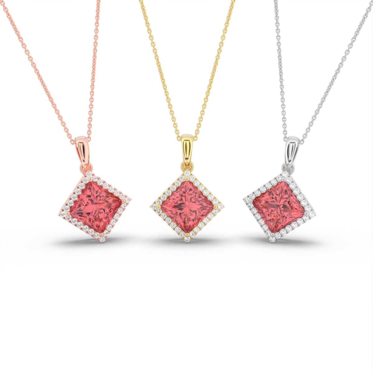 18K White Gold Halo Princess Pink Diamond Pendant — 3 COLOR