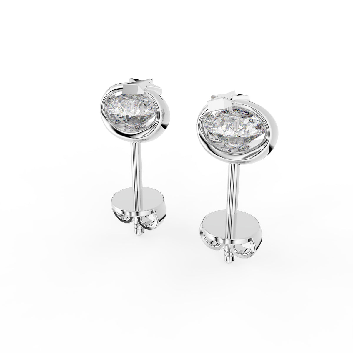 18K Bezel Round Diamond Stud Earrings — 3D VIEW