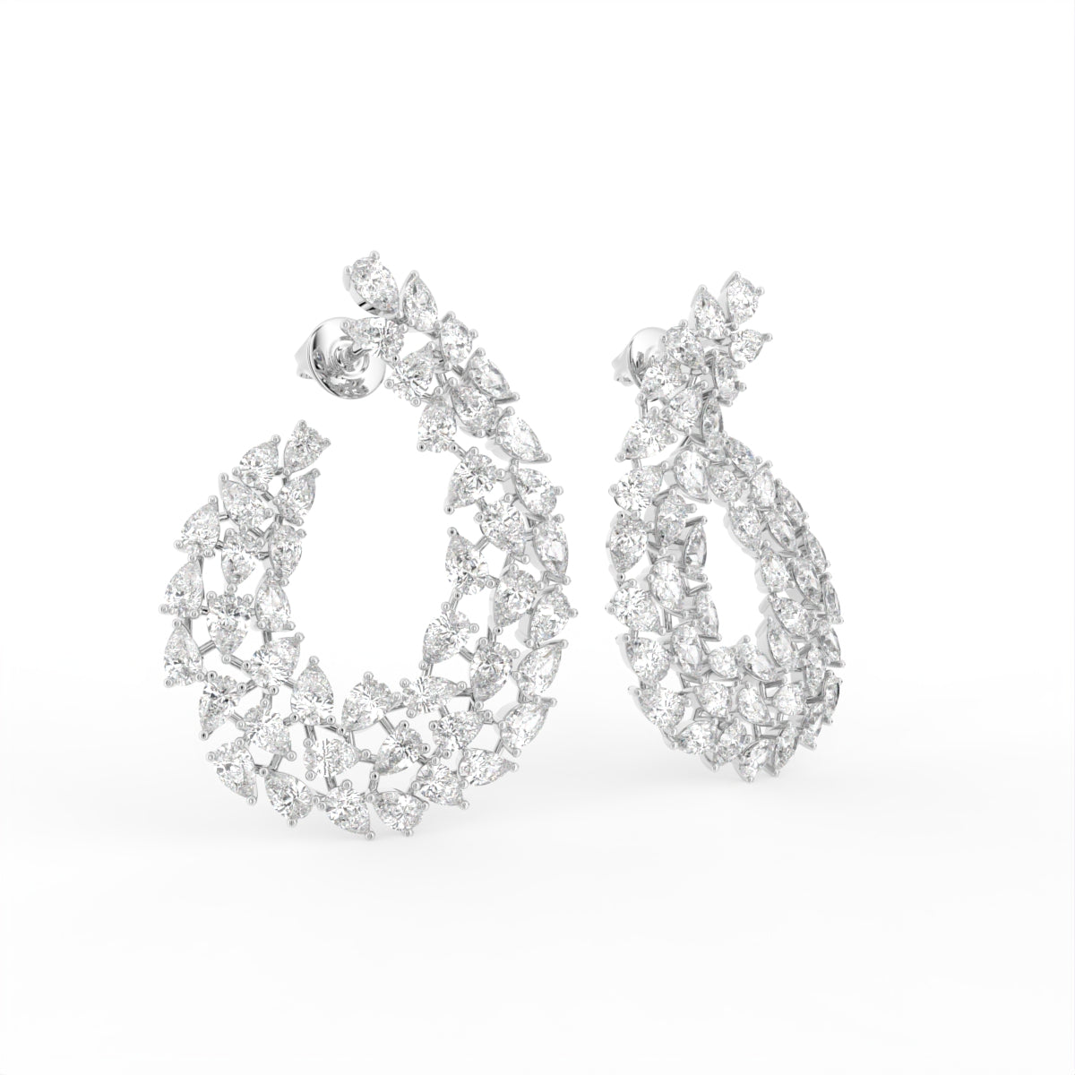 18K Floral Diamond Hoop Earrings — 3D VIEW